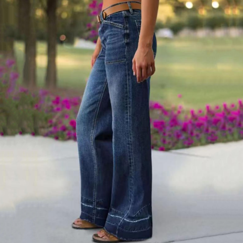 Men's Women's Retro Flare Jeans with Pockets - Dark Blue | SAVINTARI
