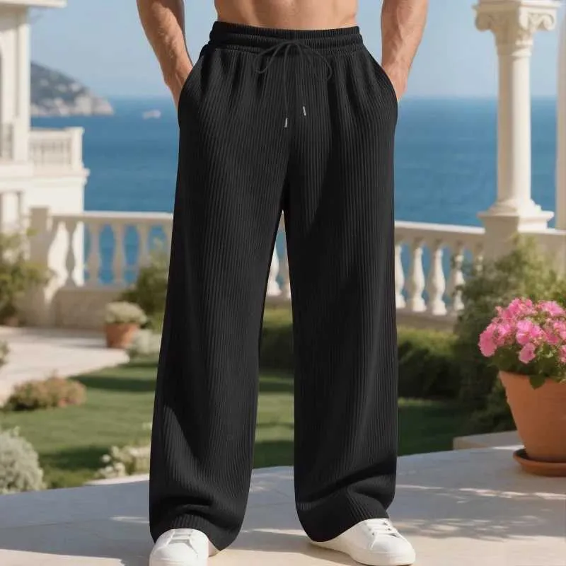 Men's Casual Ribbed Wide-Leg Pants - Dark Gray | SAVINTARI