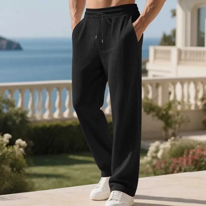 Men's Casual Ribbed Wide-Leg Pants - Dark Gray | SAVINTARI