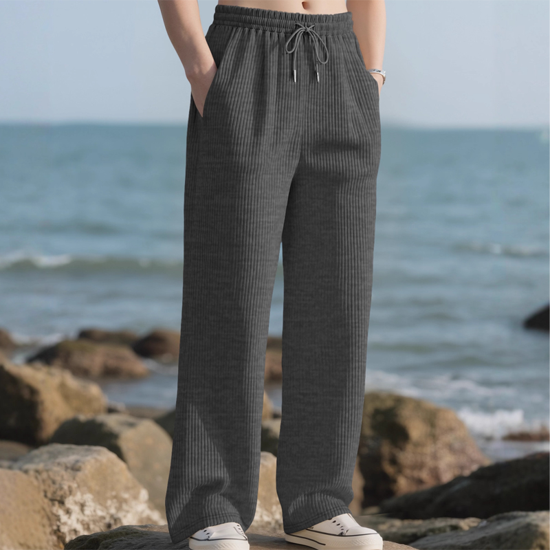 Men's Casual Ribbed Wide-Leg Pants - Dark Gray | SAVINTARI