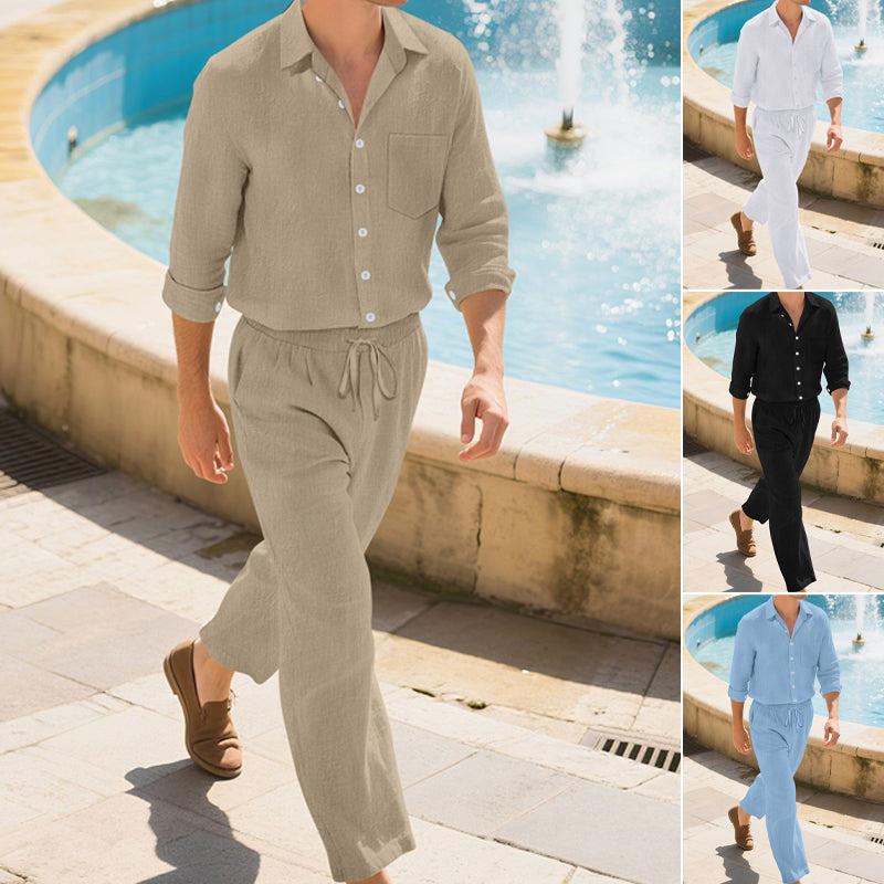 Men's Linen Long Sleeve Shirt & Long Pants 2-Piece Set - Khaki | SAVINTARI