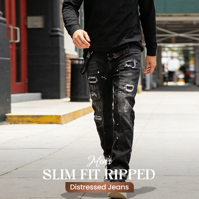 Men's Slim Fit Ripped Distressed Jeans - Black | SAVINTARI