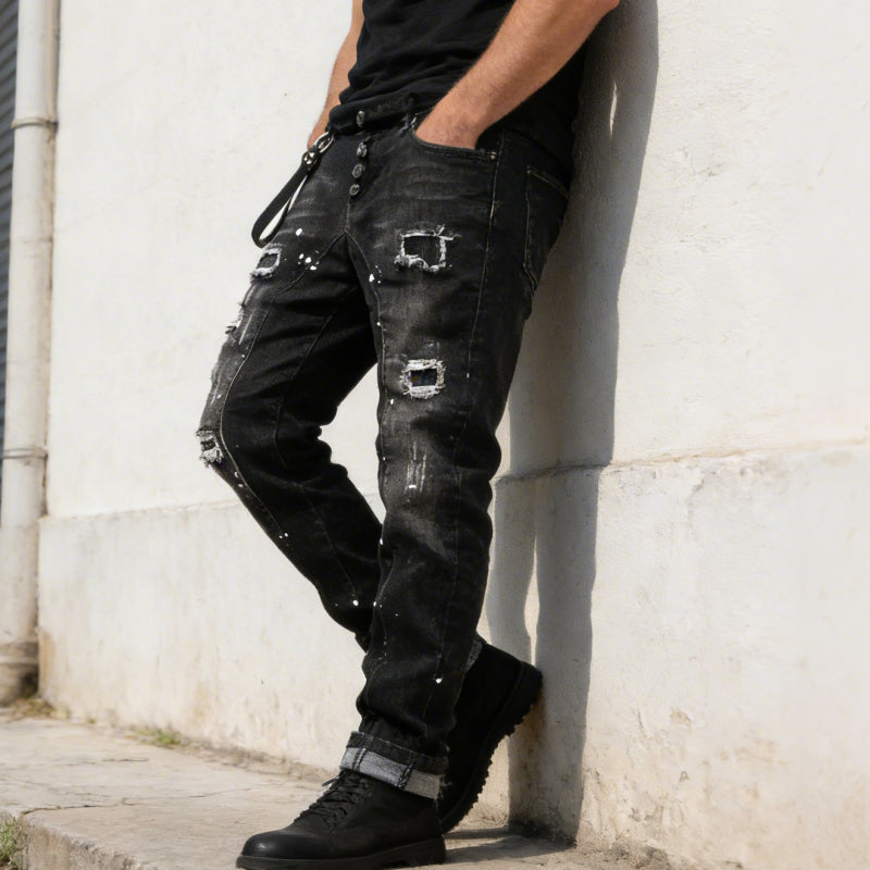 Men's Slim Fit Ripped Distressed Jeans - Black | SAVINTARI
