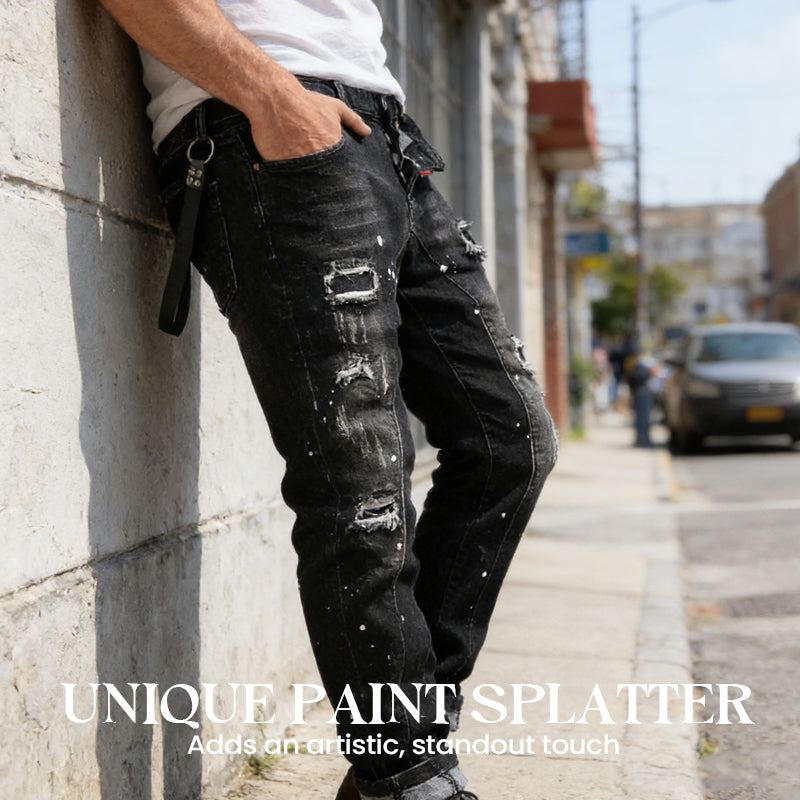 Men's Slim Fit Ripped Distressed Jeans - Black | SAVINTARI