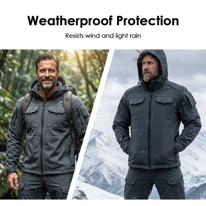 Men's Warm Windproof Hooded Jacket and Cargo Pants Set - Black | SAVINTARI