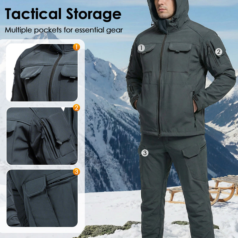 Men's Warm Windproof Hooded Jacket and Cargo Pants Set - Black | SAVINTARI
