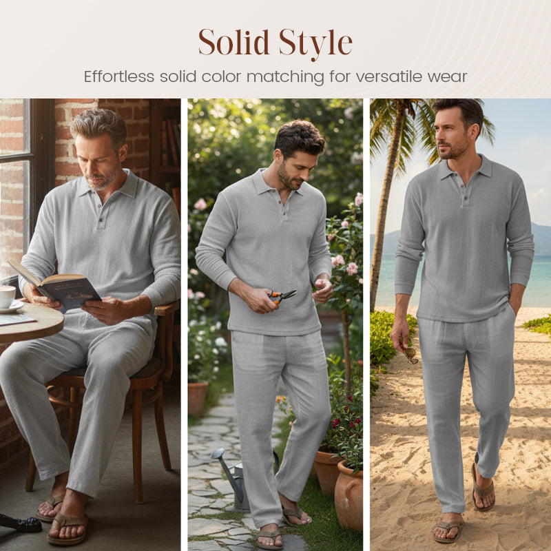 Men's Linen Blend 2-Piece Casual Set - Gray | SAVINTARI