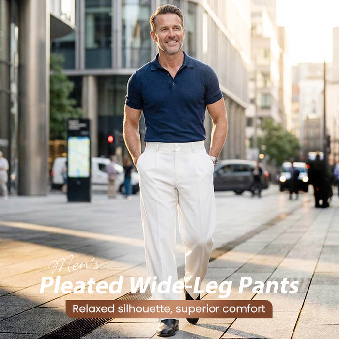 Men's Casual Pleated Wide-Leg Pants - White | Smart Casual Trousers | SAVINTARI