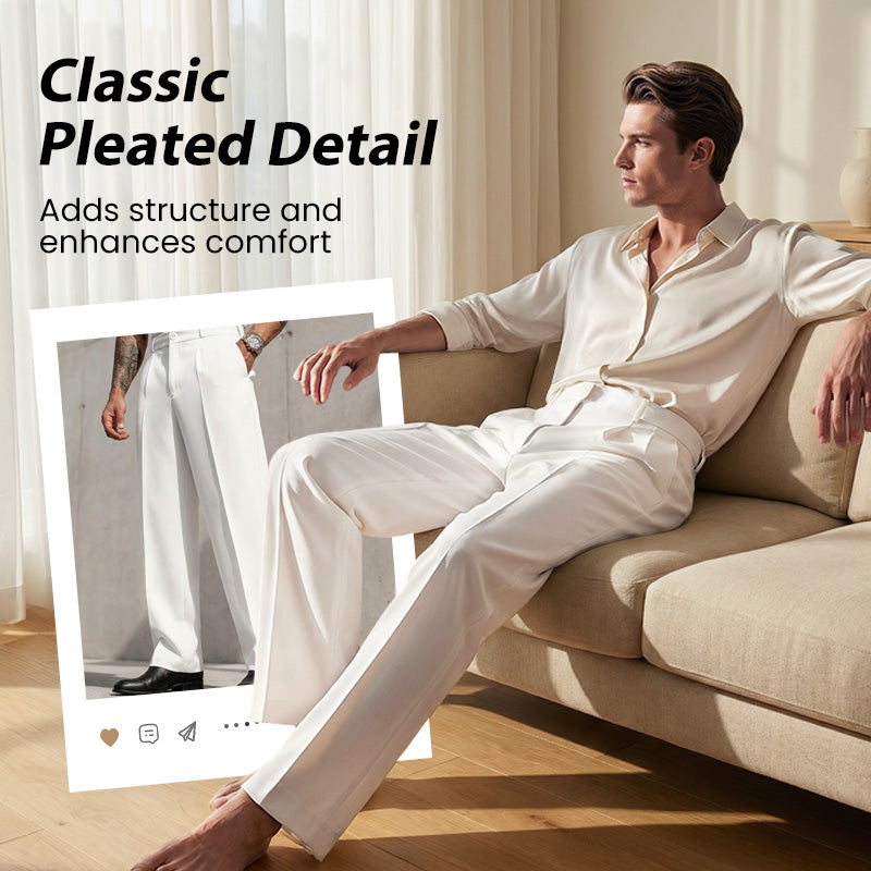 Men's Casual Pleated Wide-Leg Pants - White | SAVINTARI