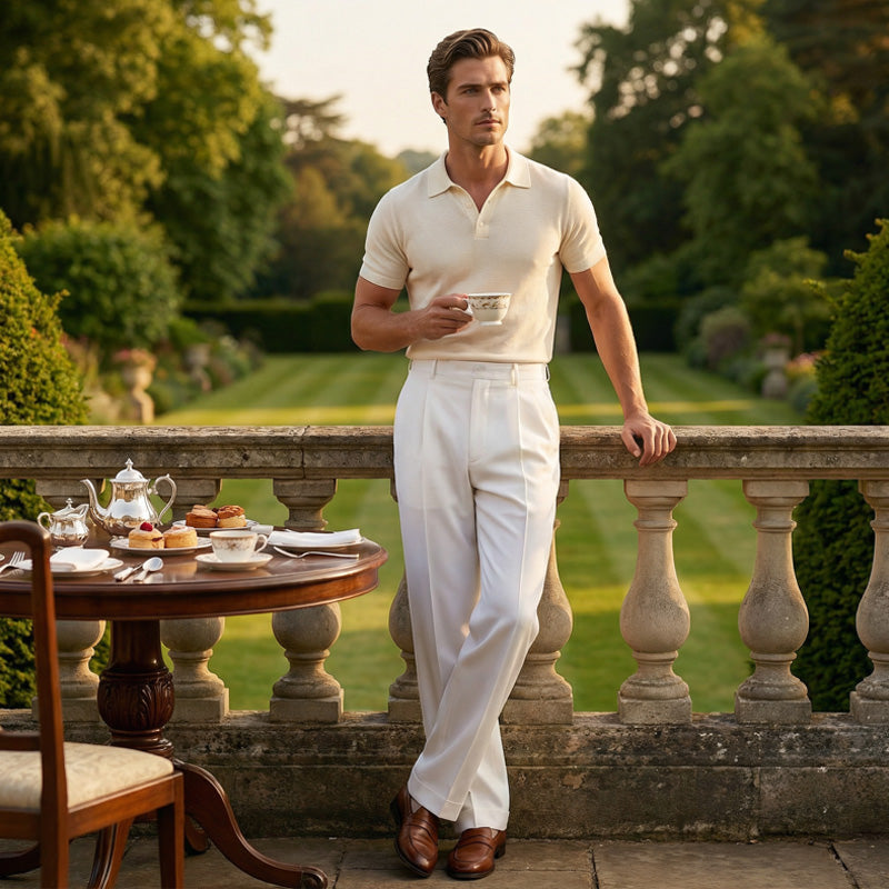 Men's Casual Pleated Wide-Leg Pants - White | SAVINTARI