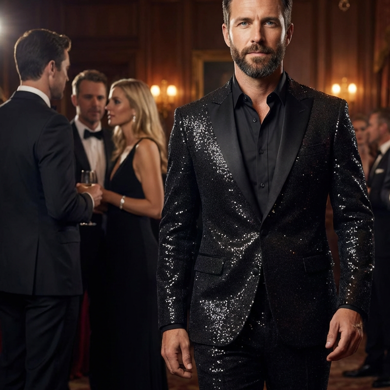 Men's Black Sparkle Tuxedo Suit Set - Black | SAVINTARI
