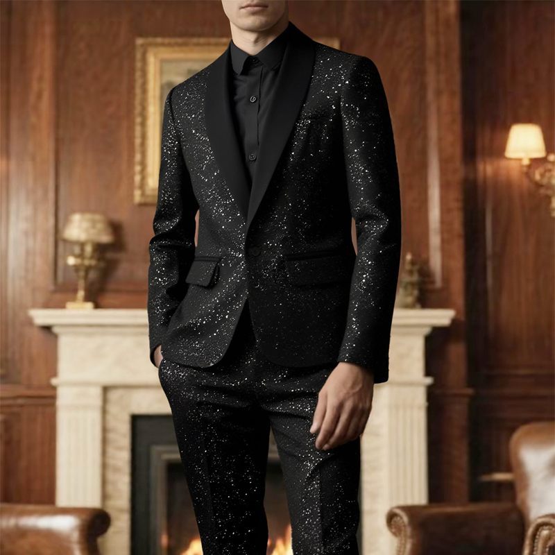 Men's Black Sparkle Tuxedo Suit Set - Black | SAVINTARI