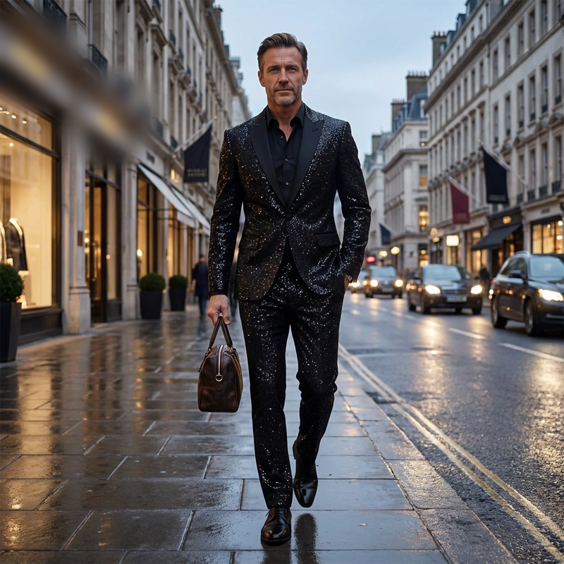 Men's Black Sparkle Tuxedo Suit Set - Black | SAVINTARI