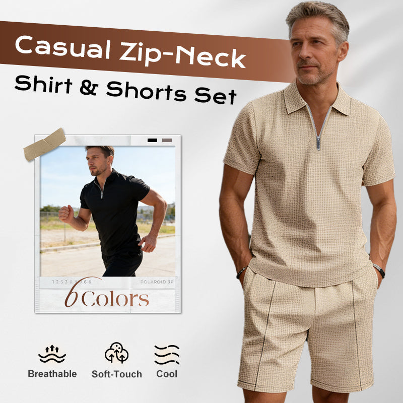 Men's Summer Casual Zip-Neck Shirt & Shorts Set - White | SAVINTARI