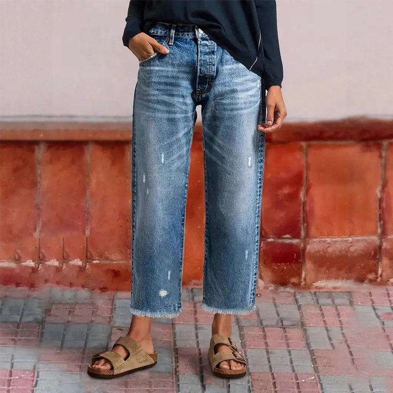 Men's Women’s Retro Cropped Straight-Leg Jeans - Classic Blue | SAVINTARI