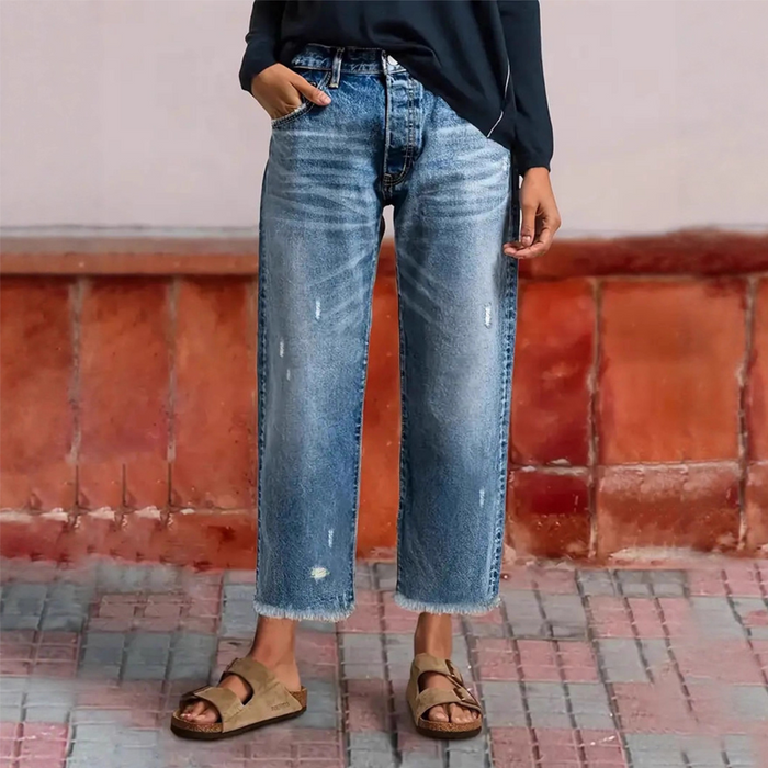 Men's Women’s Retro Cropped Straight-Leg Jeans - Classic Blue | Everyday Denim | SAVINTARI