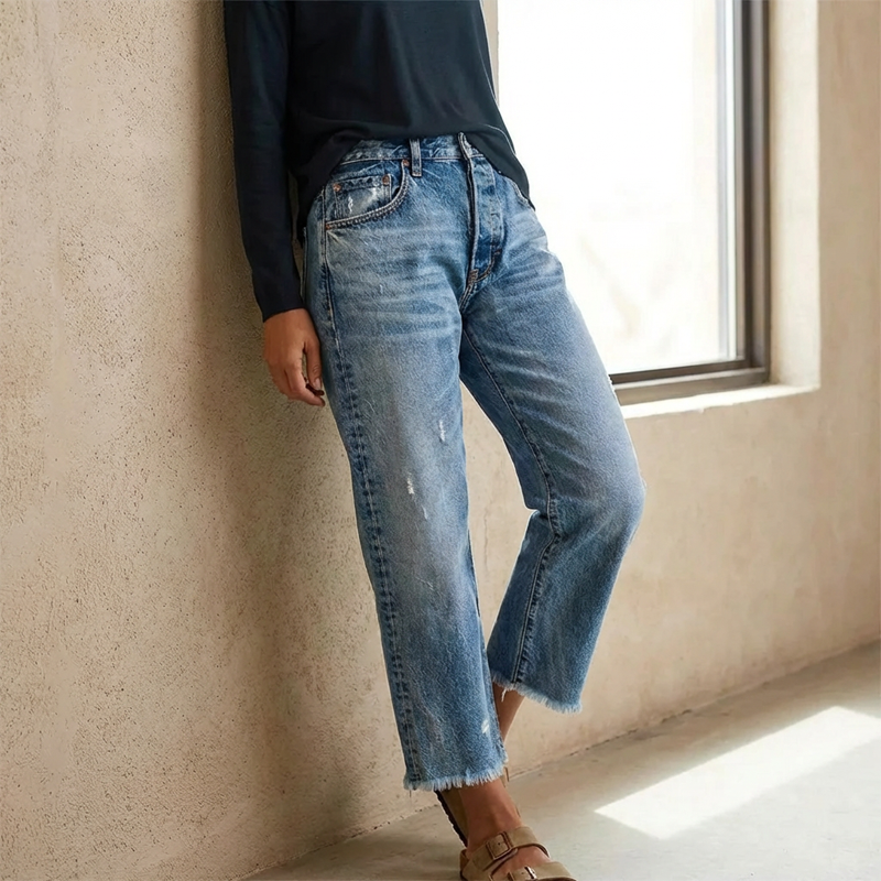 Men's Women’s Retro Cropped Straight-Leg Jeans - Classic Blue | SAVINTARI