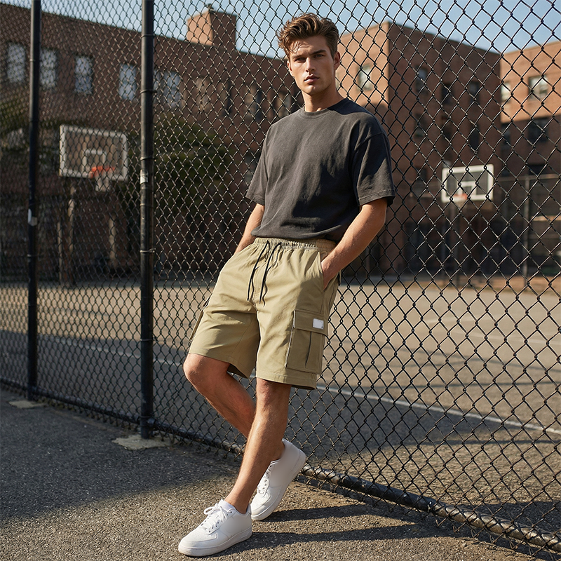 Men's Casual Cargo Shorts with Elastic Waist - Khaki  + Black | SAVINTARI