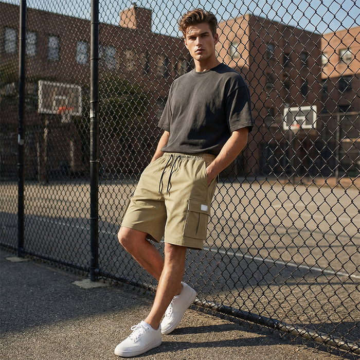 Men's Casual Cargo Shorts with Elastic Waist - Khaki + Black - Khaki + Black | Smart Casual Trousers | SAVINTARI