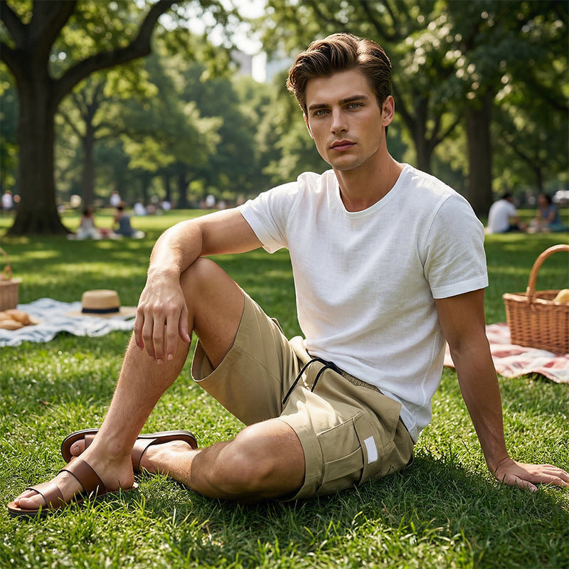 Men's Casual Cargo Shorts with Elastic Waist - Khaki  + Black | SAVINTARI