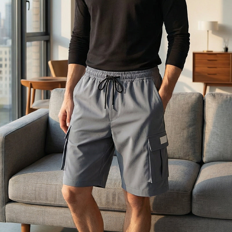 Men's Casual Cargo Shorts with Elastic Waist - Khaki  + Black | SAVINTARI