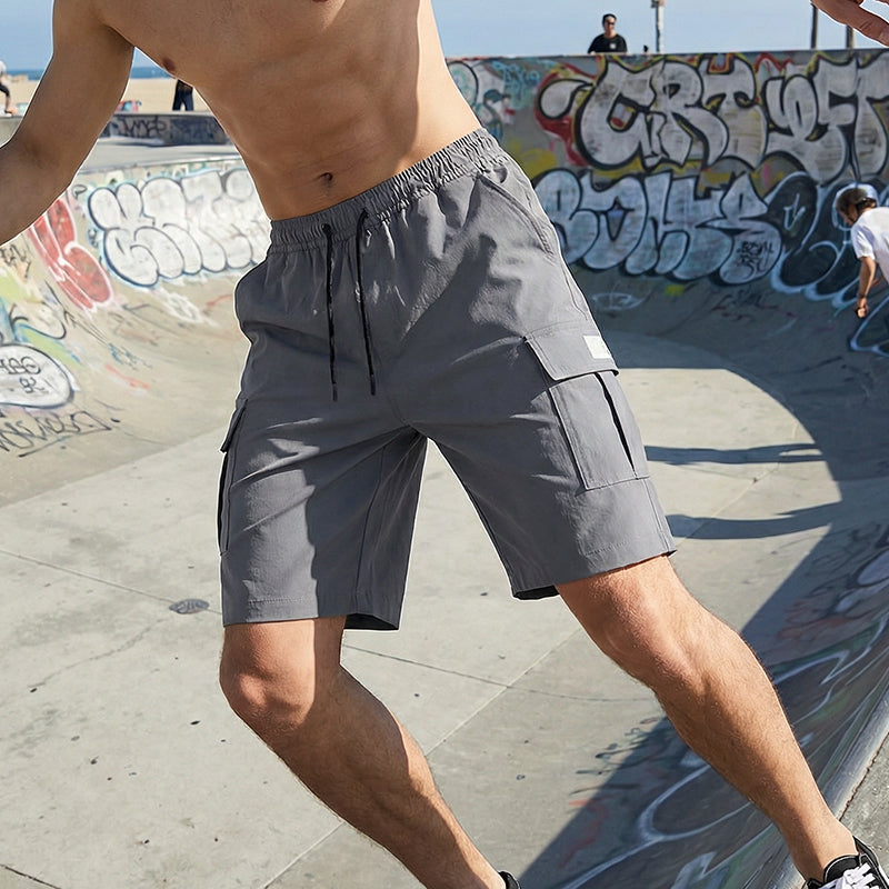 Men's Casual Cargo Shorts with Elastic Waist - Khaki  + Black | SAVINTARI