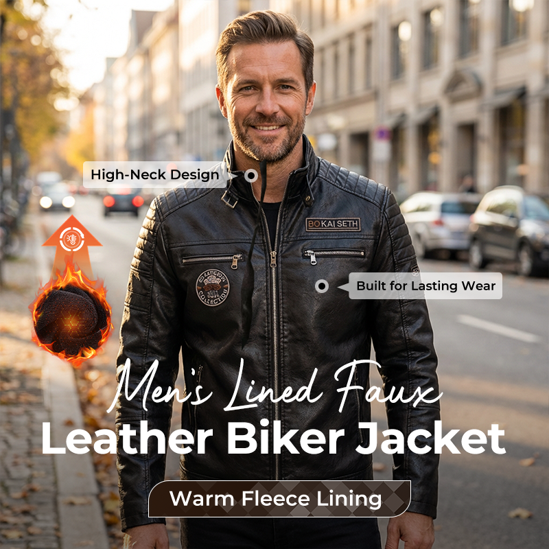 Men's Lined Faux Leather Biker Jacket - Black | SAVINTARI