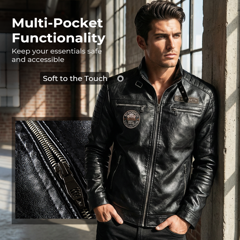 Men's Lined Faux Leather Biker Jacket - Black | SAVINTARI