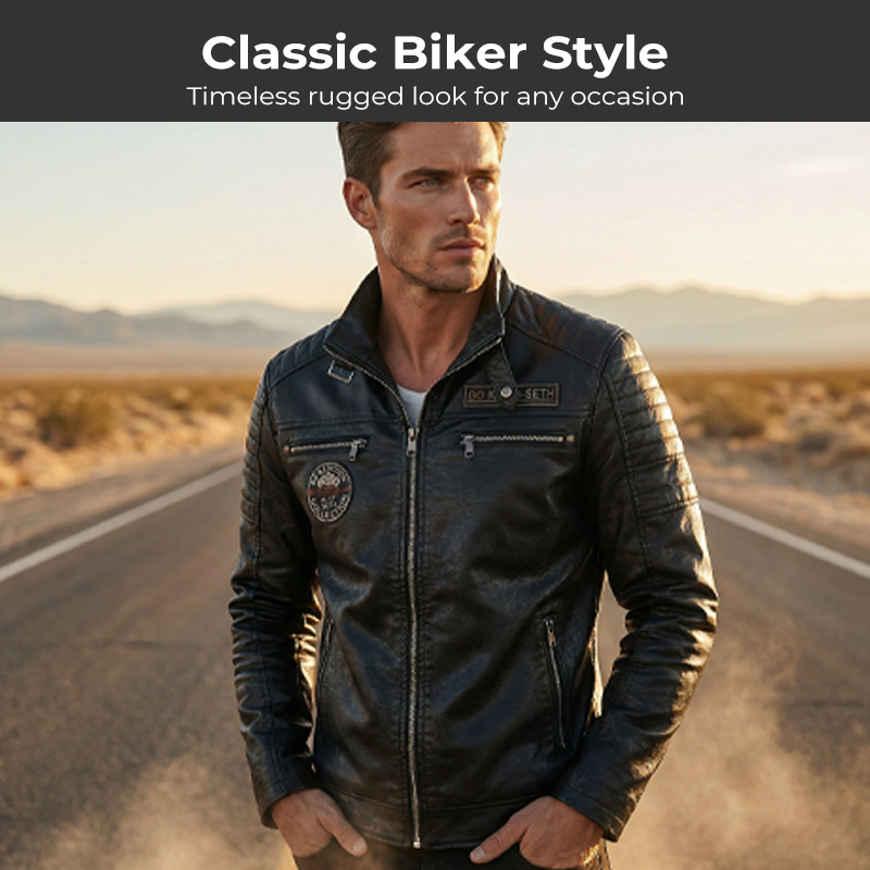 Men's Lined Faux Leather Biker Jacket - Black | SAVINTARI