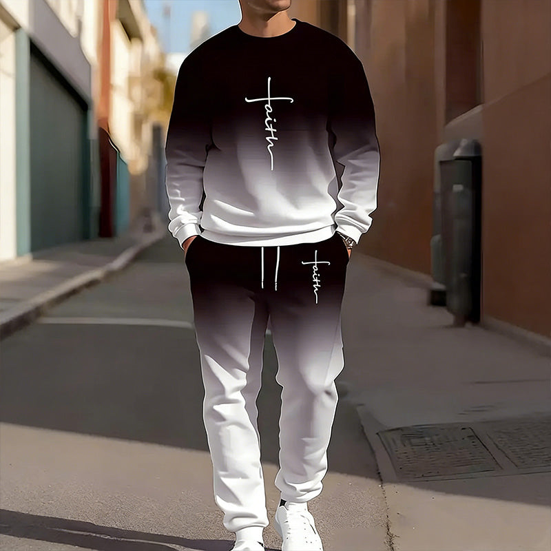 Men's Gradient Color Crewneck Tracksuit Set - Navy | SAVINTARI