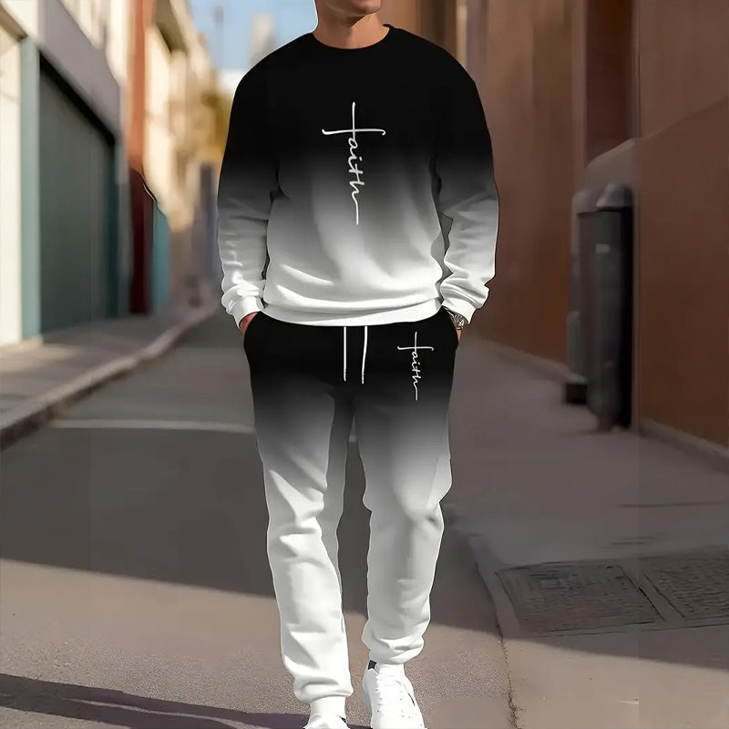Men's Gradient Color Crewneck Tracksuit Set - Navy | SAVINTARI