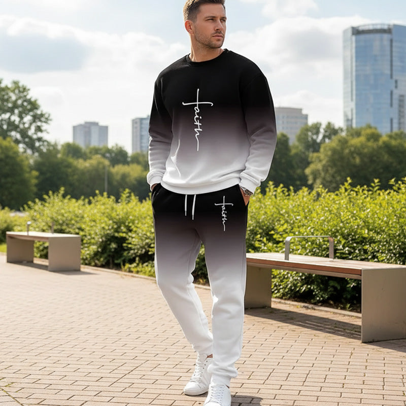 Men's Gradient Color Crewneck Tracksuit Set - Navy | SAVINTARI