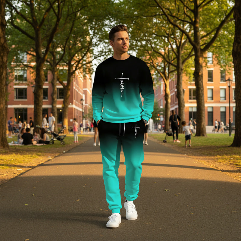 Men's Gradient Color Crewneck Tracksuit Set - Navy | SAVINTARI