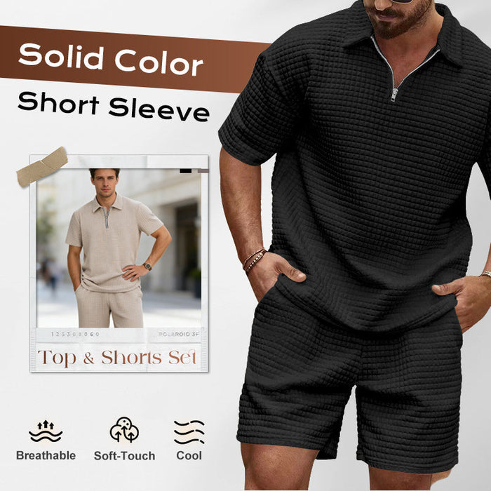 Men's Solid Color Short Sleeve Top & Shorts Set - Black | Casual Two-Piece Set | SAVINTARI