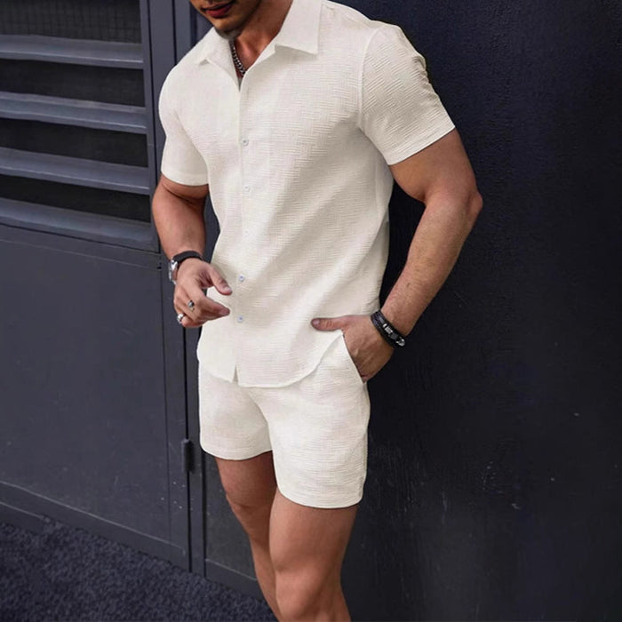 Men's Shirt & Shorts Set - White | Casual Two-Piece Set | SAVINTARI