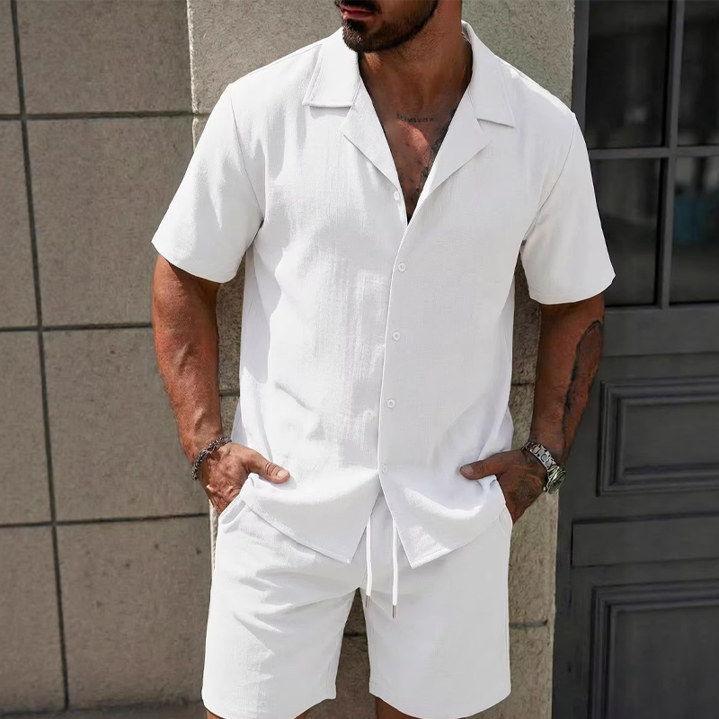 Men's Casual Solid Color Top & Drawstring Shorts Set - White | SAVINTARI