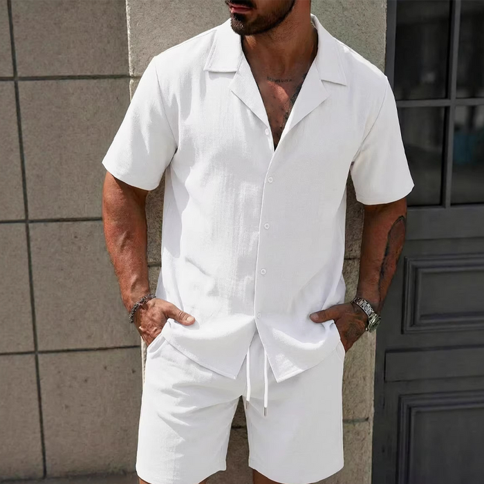 Men's Casual Solid Color Top & Drawstring Shorts Set - White | Casual Two-Piece Set | SAVINTARI