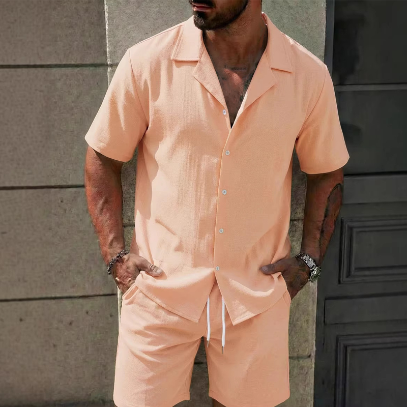 Men's Casual Solid Color Top & Drawstring Shorts Set - White | SAVINTARI