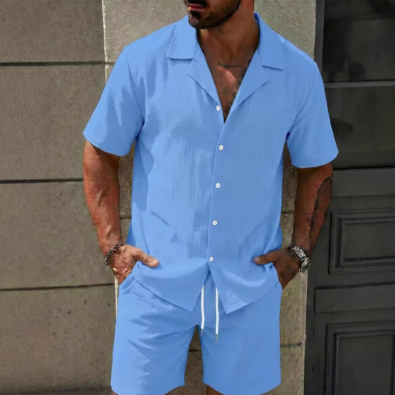 Men's Casual Solid Color Top & Drawstring Shorts Set - White | SAVINTARI