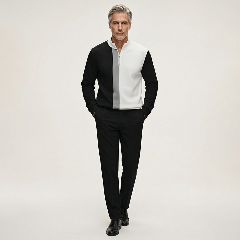Men's Color-Block Quarter-Zip Tracksuit Set - Black + White | SAVINTARI