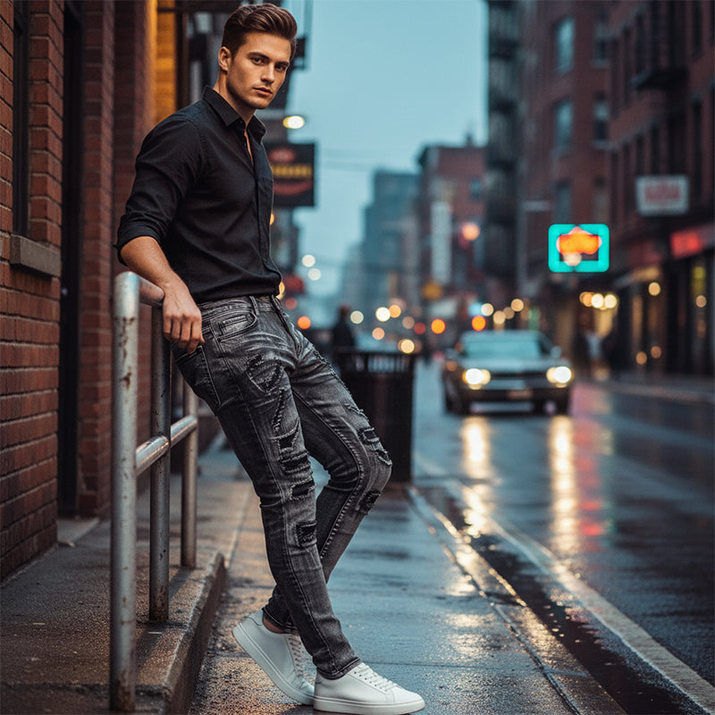 Men's Slim Fit Distressed Jeans - Grey | SAVINTARI