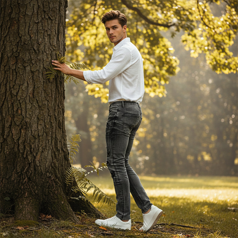 Men's Slim Fit Distressed Jeans - Grey | SAVINTARI