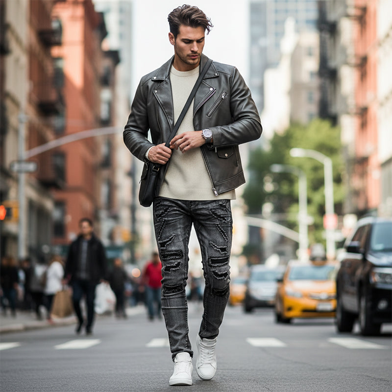 Men's Slim Fit Distressed Jeans - Grey | SAVINTARI