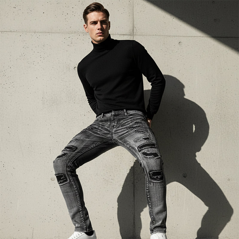 Men's Slim Fit Distressed Jeans - Grey | SAVINTARI