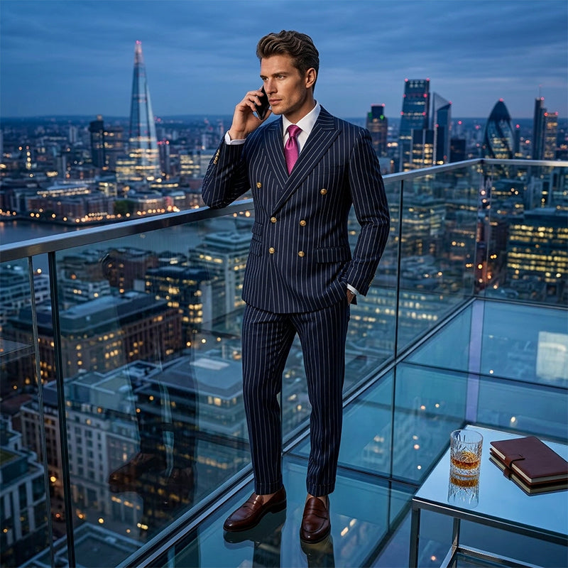 Men's Hot Sale Offers- Double-Breasted Pinstripe Suit Set - Black | SAVINTARI