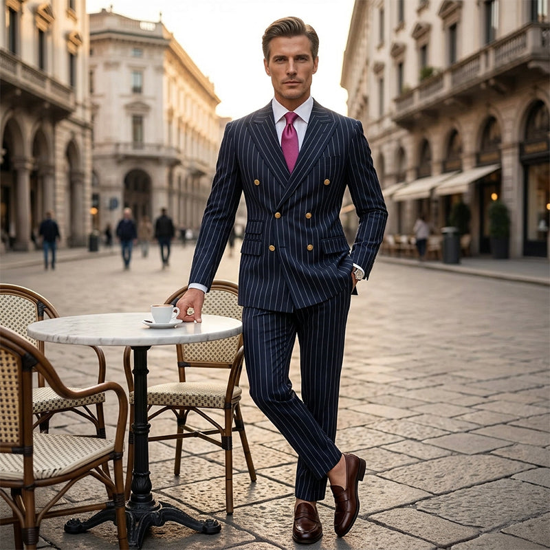 Men's Hot Sale Offers- Double-Breasted Pinstripe Suit Set - Black | SAVINTARI