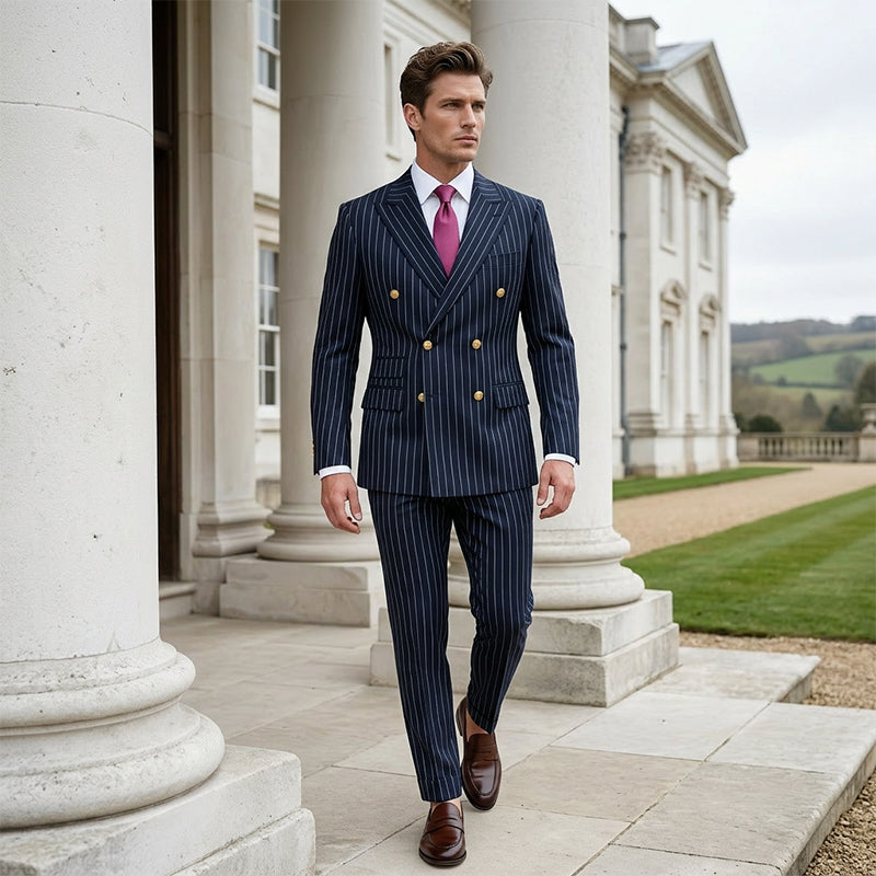 Men's Hot Sale Offers- Double-Breasted Pinstripe Suit Set - Black | SAVINTARI