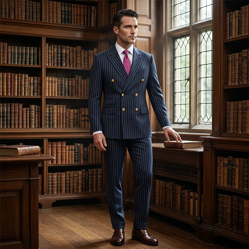 Men's Hot Sale Offers- Double-Breasted Pinstripe Suit Set - Black | SAVINTARI