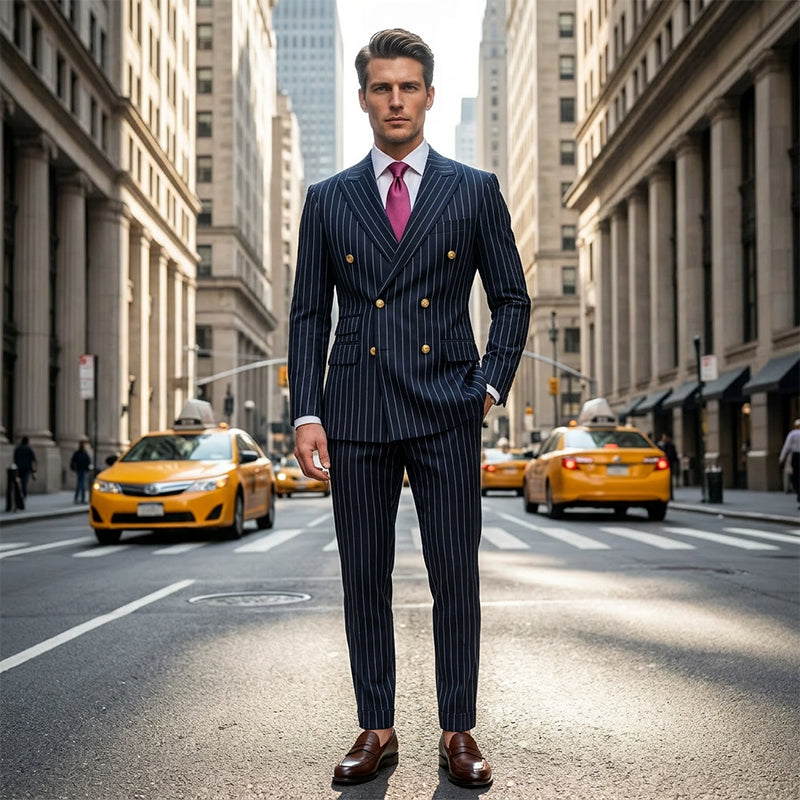 Men's Hot Sale Offers- Double-Breasted Pinstripe Suit Set - Black | SAVINTARI