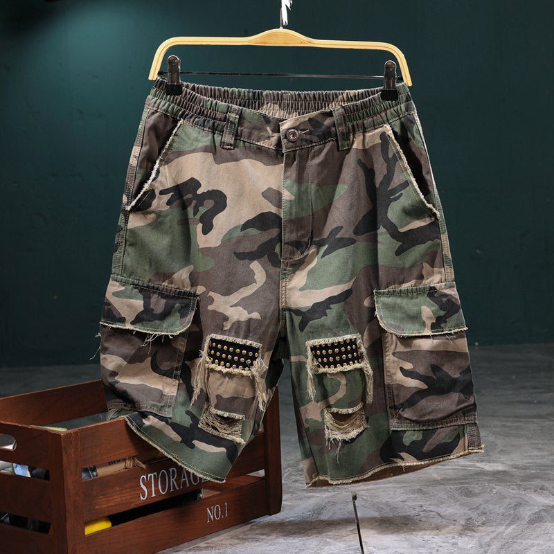 Men's Studded Camo Cargo Shorts Ripped Design, Gold Stud Accents & - Green | SAVINTARI